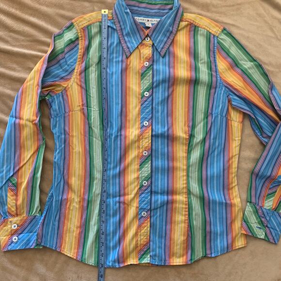 Tommy Hilfiger Shirt Size S or M Rainbow Stripe Cotton Button Collar Y2k 2004 - Picture 6 of 11